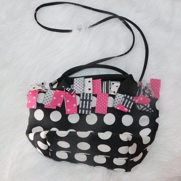 Handbags - Y2K Era Black and White Polka Dot Satchel Purse with Fringe Detailing - Avon?